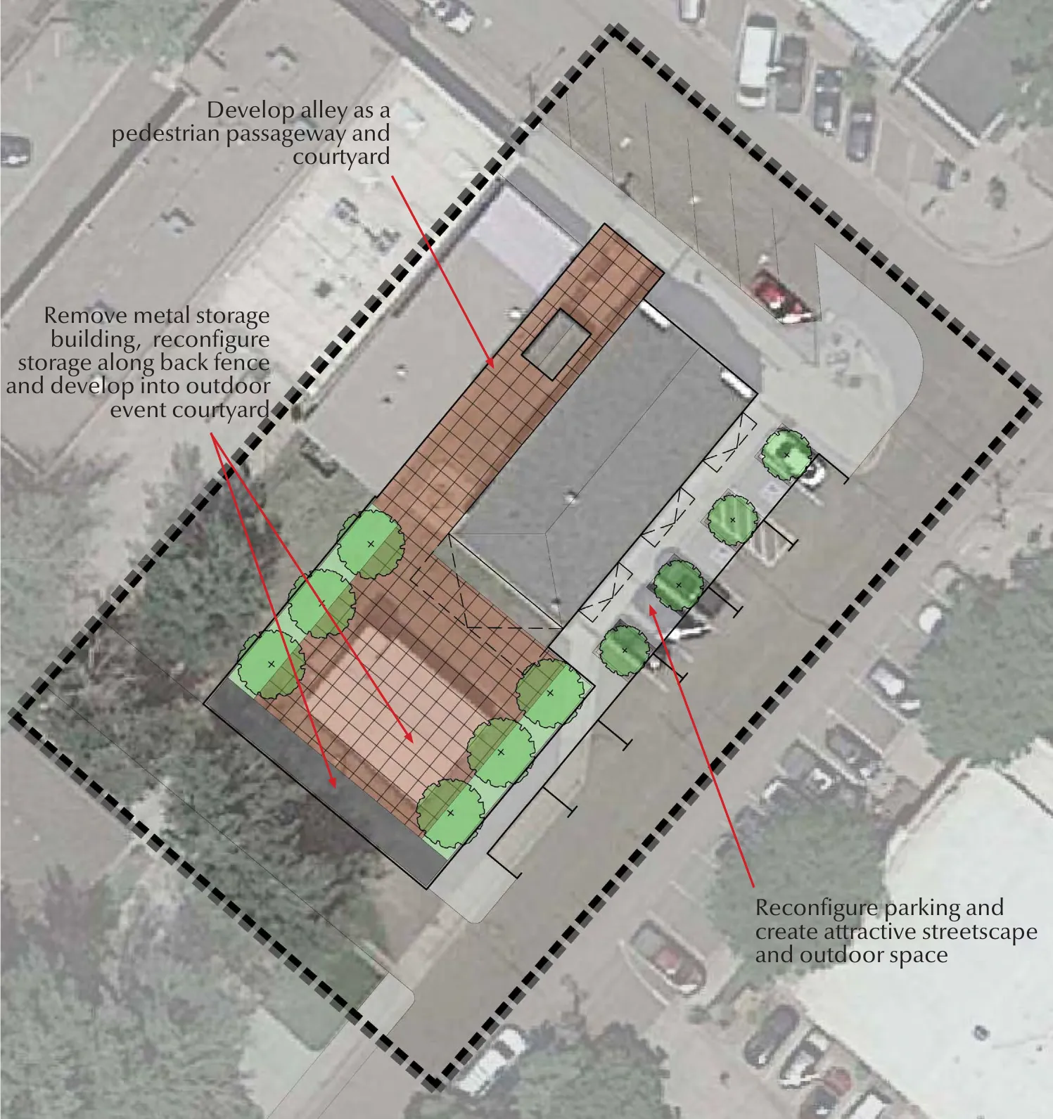 Annotated aerial plan of the Left Hand Grange Hall parcel showing a proposed courtyard, alley passageway, and reconfigured parking