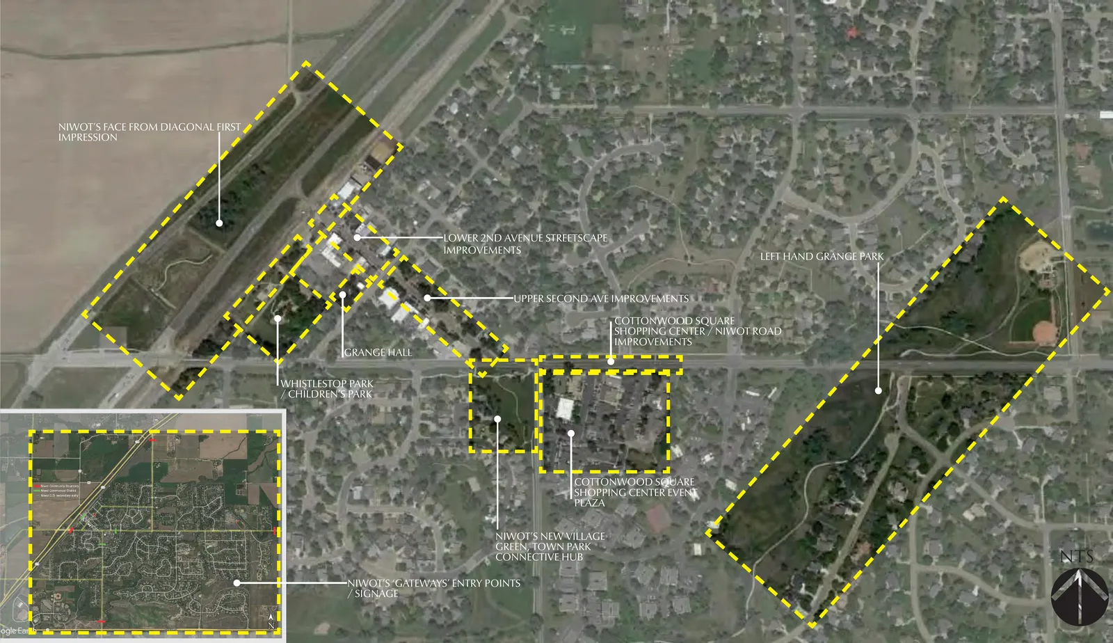 Aerial map of Niwot with ten improvement areas outlined in yellow dashes and labelled, from the Diagonal Highway frontage to Left Hand Grange Park