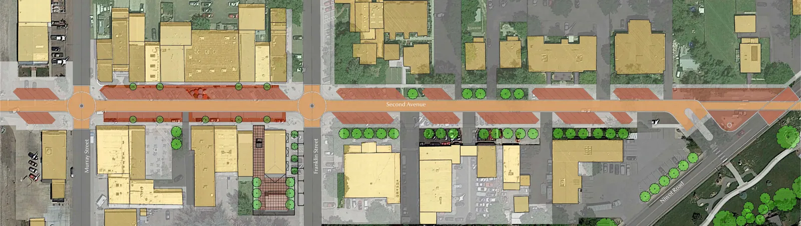 Color plan drawing of Second Avenue from Murray Street to Niwot Road showing narrowed drive lanes, paver crossings, street trees and widened sidewalks