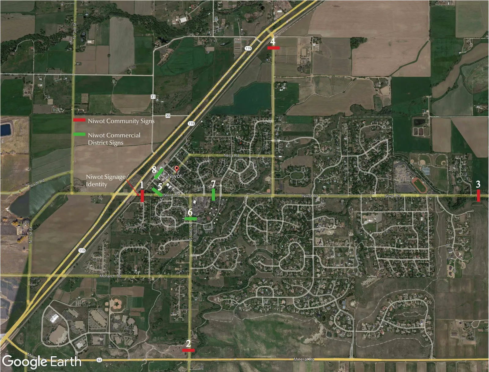Map of Niwot showing eight proposed sign locations, colour-coded between community identity signs and commercial district signs
