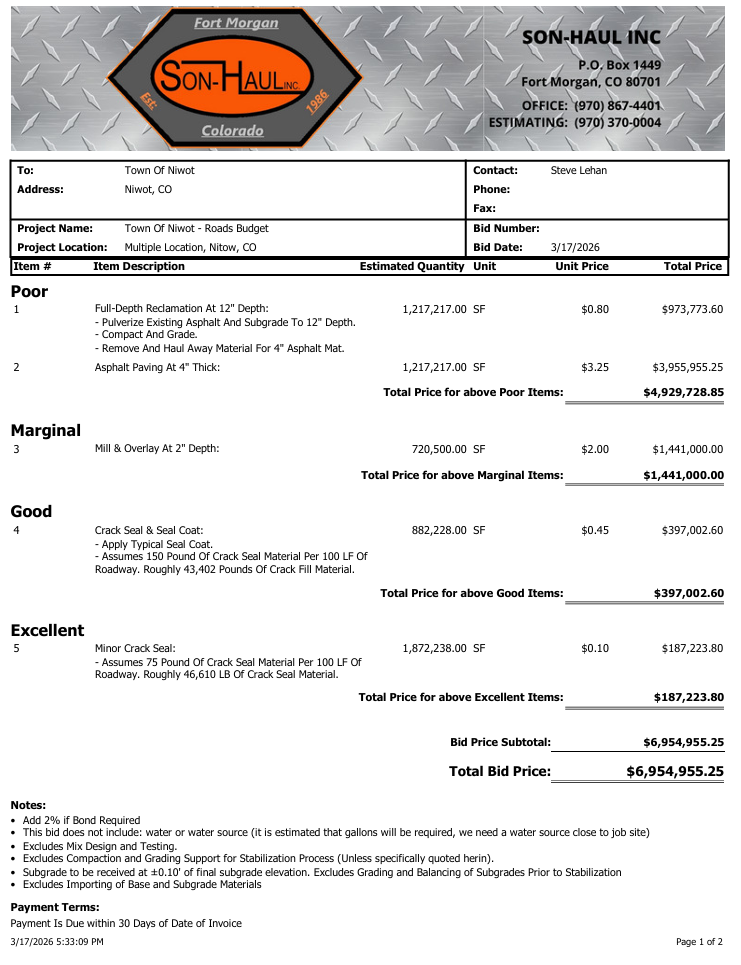 Scanned Son-Haul, Inc. base bid for Niwot road pavement treatments showing categories, line items, and totals.